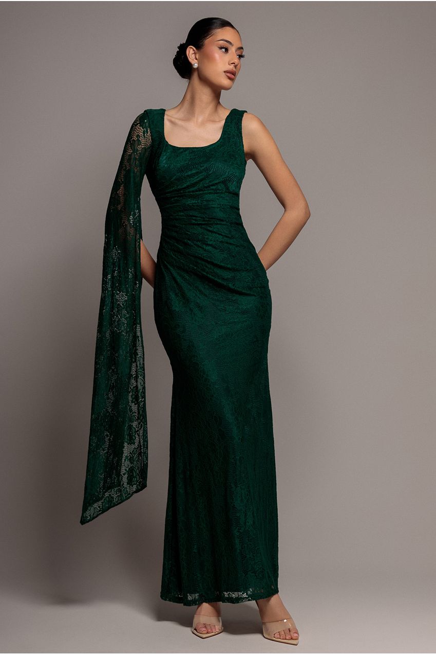 One Shoulder Cape Sleeve Pleated Lace Maxi Dress - Emerald Green DR5065
