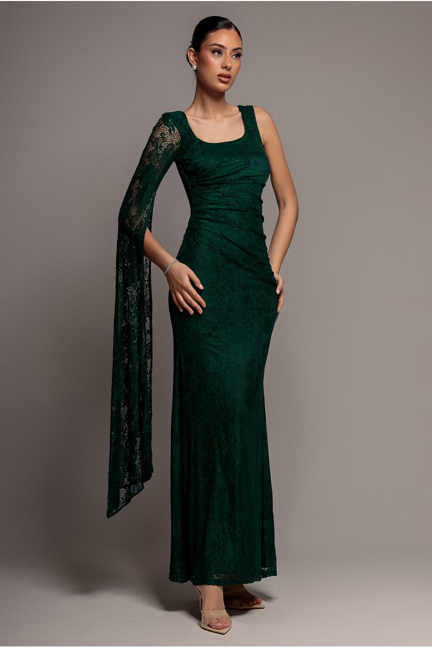 One Shoulder Cape Sleeve Pleated Lace Maxi Dress - Emerald Green DR5065