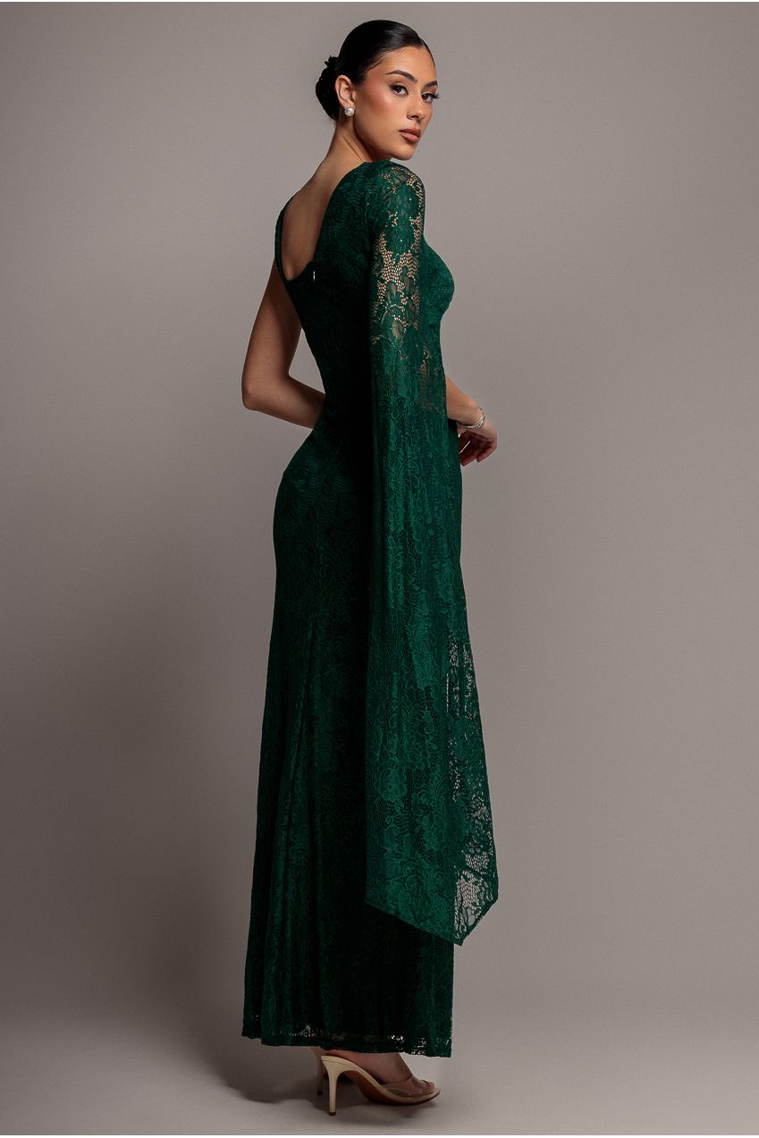 One Shoulder Cape Sleeve Pleated Lace Maxi Dress - Emerald Green DR5065