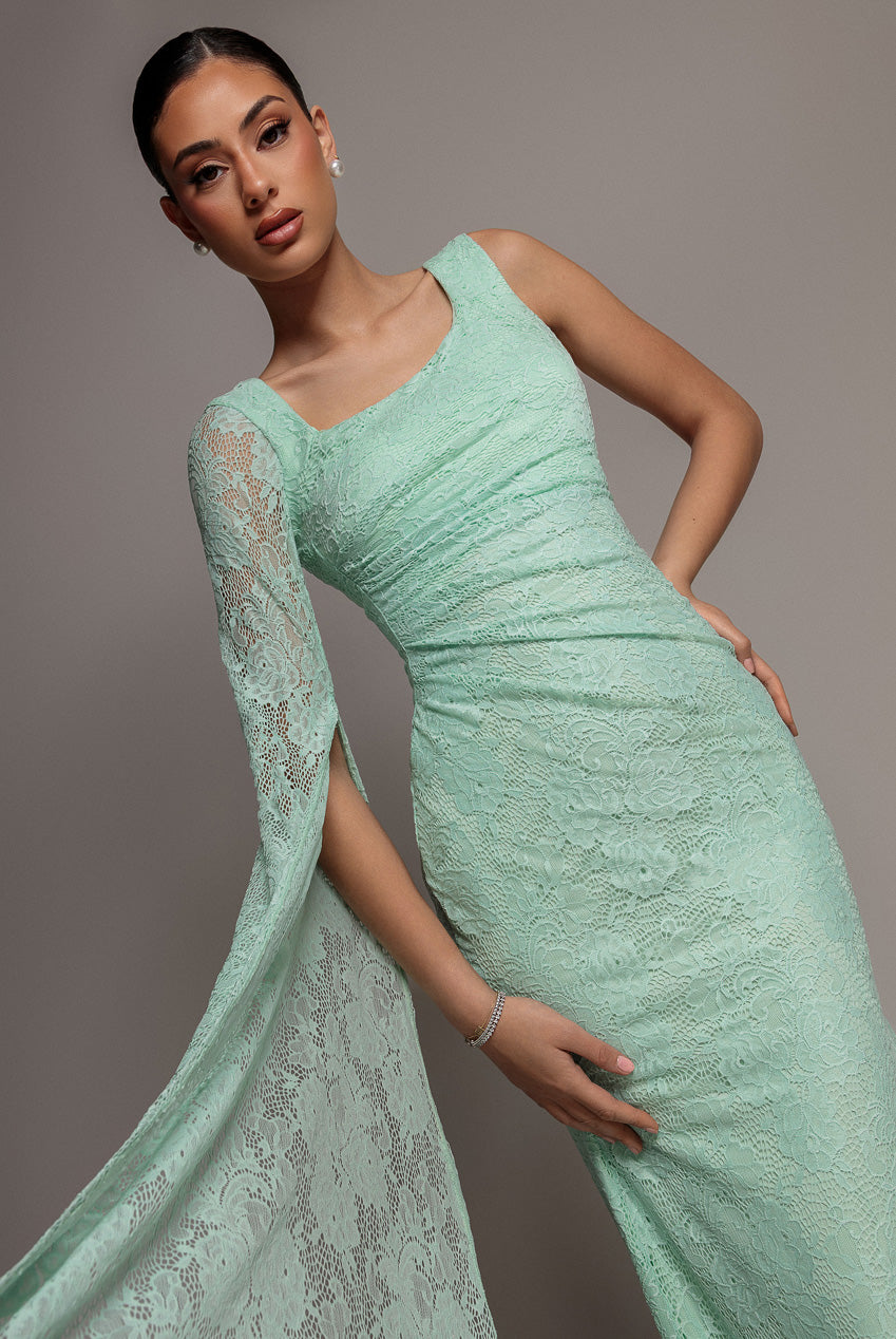 One Shoulder Cape Sleeve Pleated Lace Maxi Dress - Mint Green DR5065