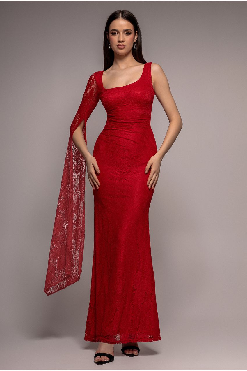 One Shoulder Cape Sleeve Pleated Lace Maxi Dress - Red DR5065
