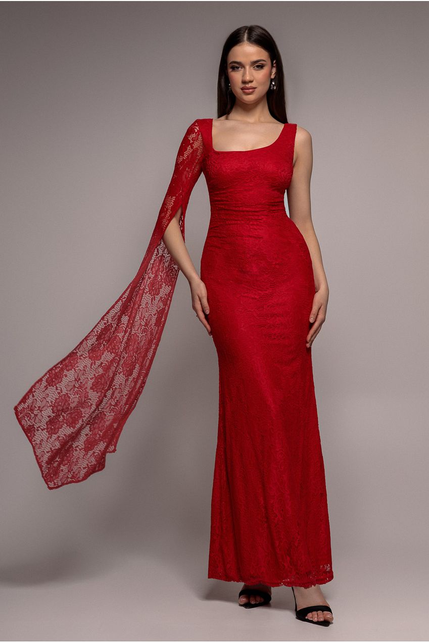 One Shoulder Cape Sleeve Pleated Lace Maxi Dress - Red DR5065