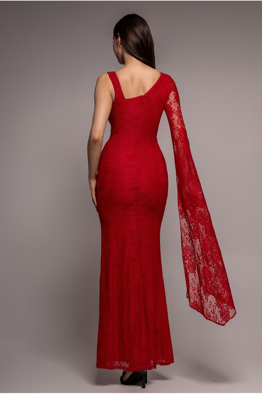 One Shoulder Cape Sleeve Pleated Lace Maxi Dress - Red DR5065
