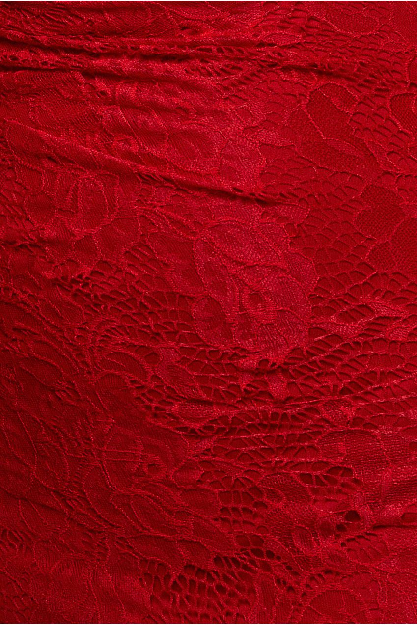 One Shoulder Cape Sleeve Pleated Lace Maxi Dress - Red DR5065