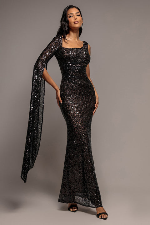 One Side Cape Sleeve Sequin Maxi Dress - Black by Goddiva