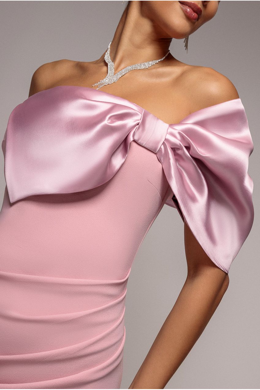 Off The Shoulder Satin Bow Neck Maxi Dress - Blush Pink DR5073