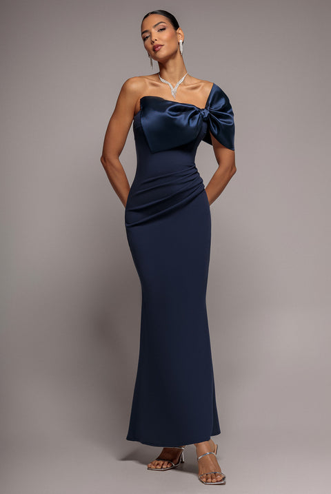Off The Shoulder Satin Bow Neck Maxi Dress - Navy Blue by Goddiva