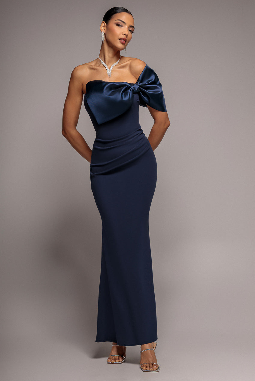 Off The Shoulder Satin Bow Neck Maxi Dress - Navy Blue DR5073
