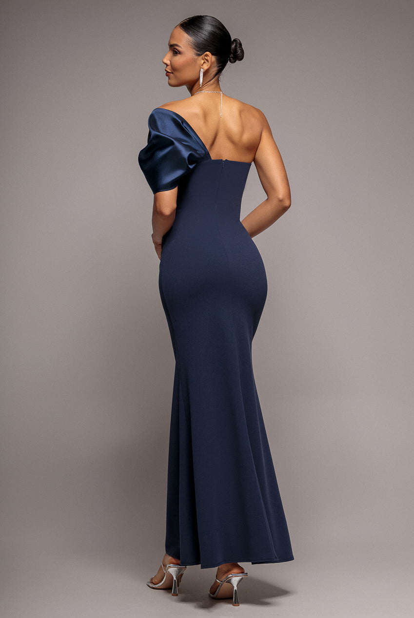 Off The Shoulder Satin Bow Neck Maxi Dress - Navy Blue DR5073