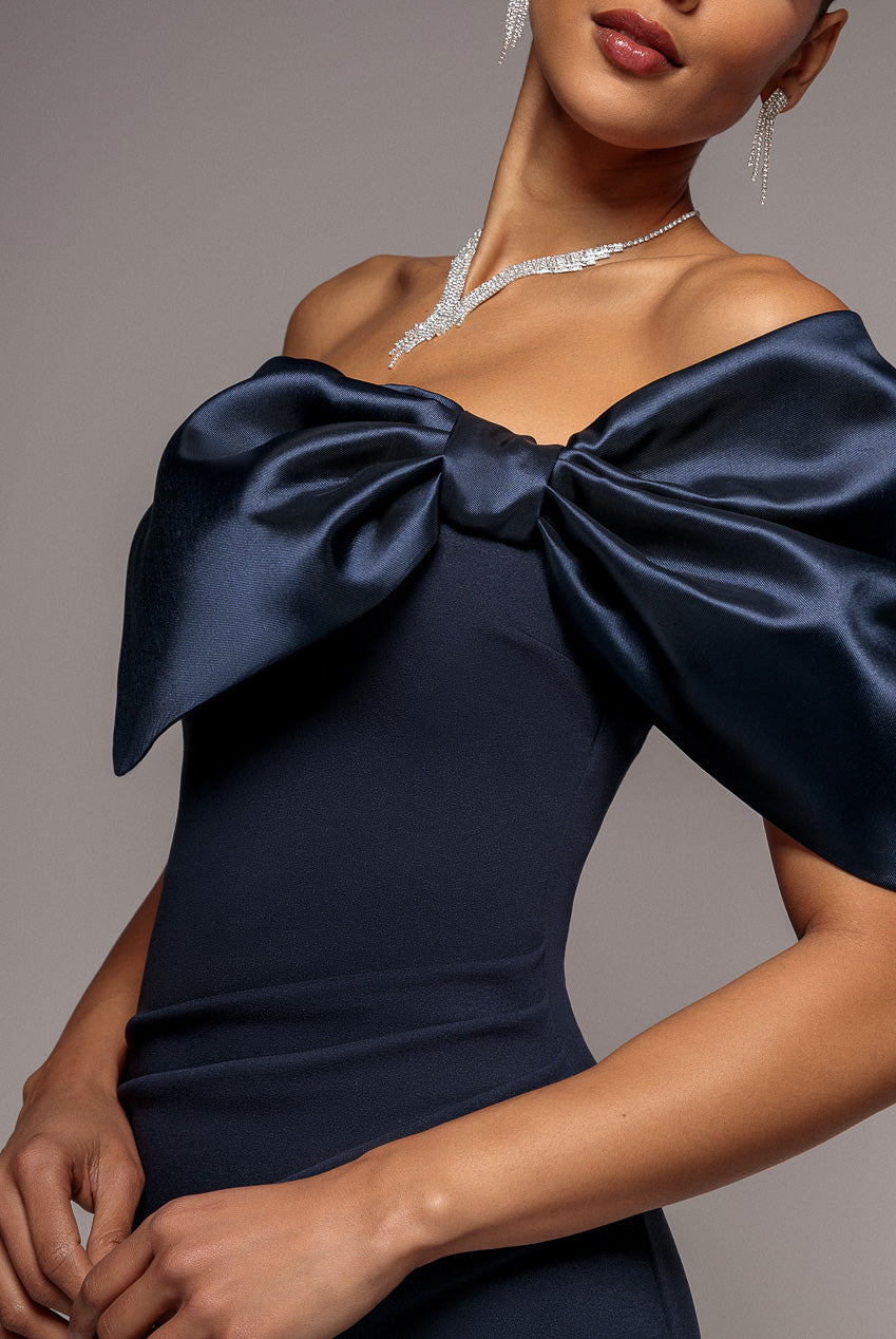 Off The Shoulder Satin Bow Neck Maxi Dress - Navy Blue DR5073