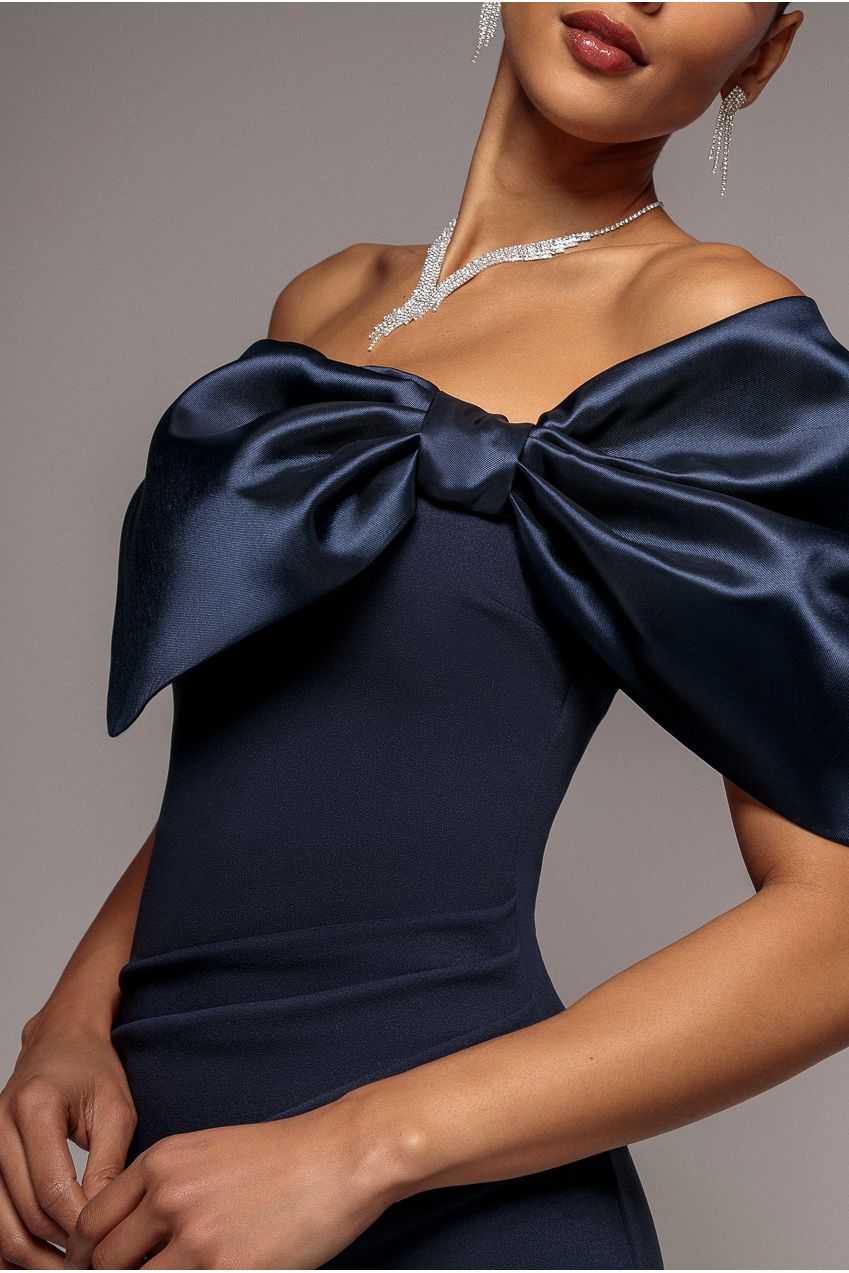 Off The Shoulder Satin Bow Neck Maxi Dress - Navy Blue DR5073