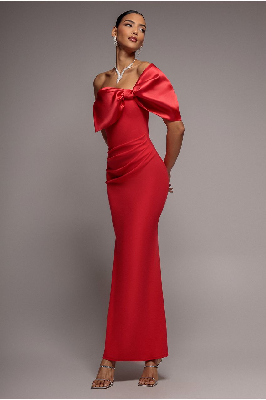 Off The Shoulder Satin Bow Neck Maxi Dress - Red DR5073