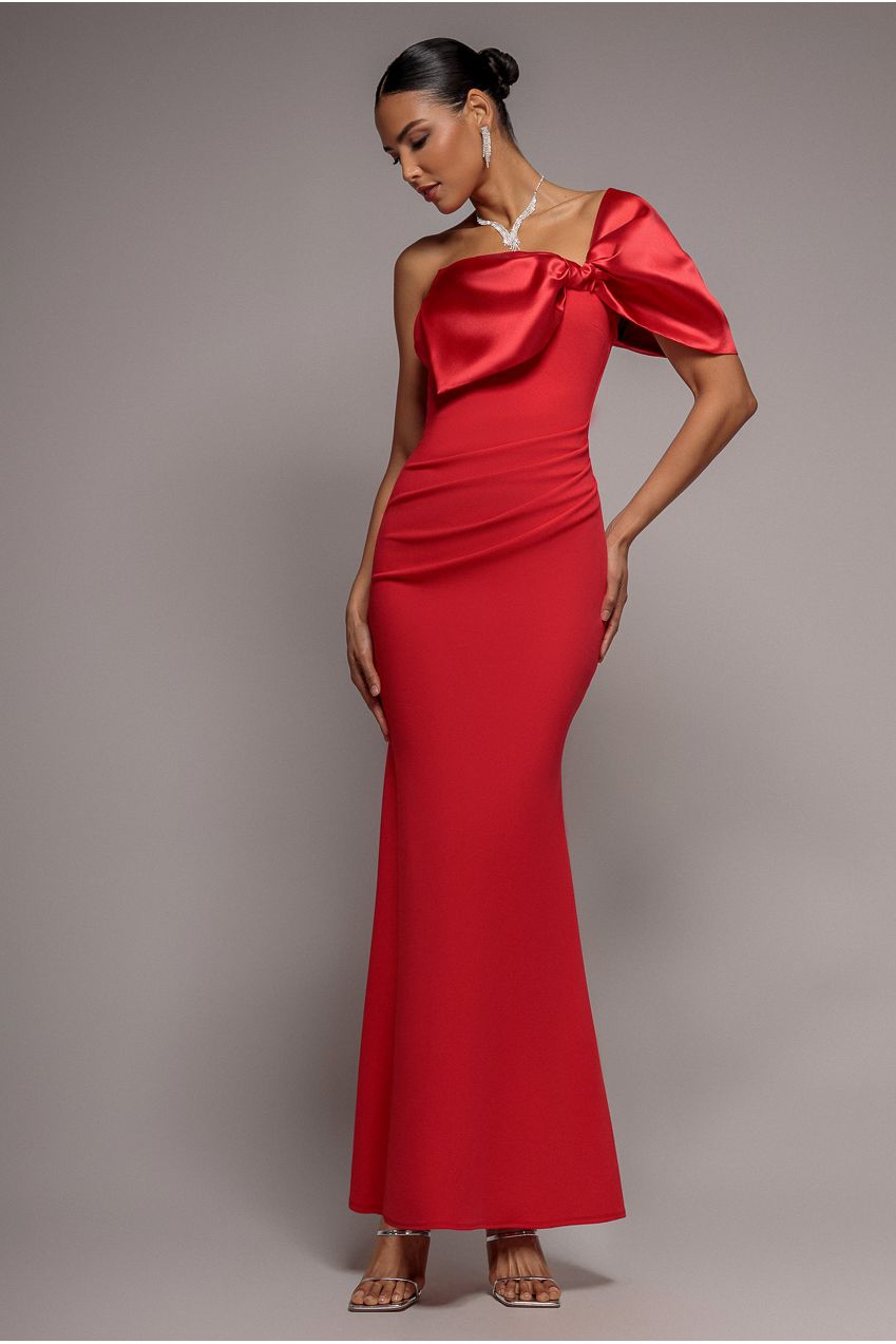 Off The Shoulder Satin Bow Neck Maxi Dress - Red DR5073