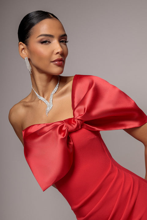 Off The Shoulder Satin Bow Neck Maxi Dress - Red by Goddiva