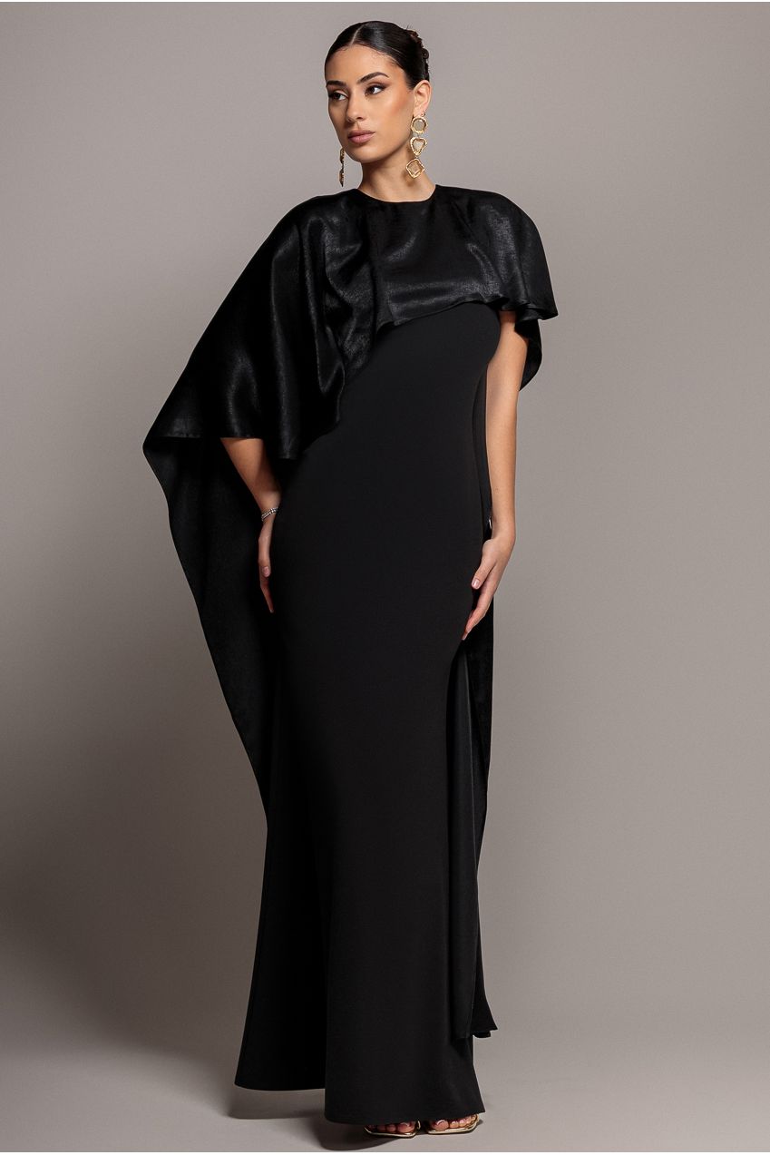 Goddiva Scoop Neck Soft Satin Cape Sleeve Maxi Dress - Black DR5074