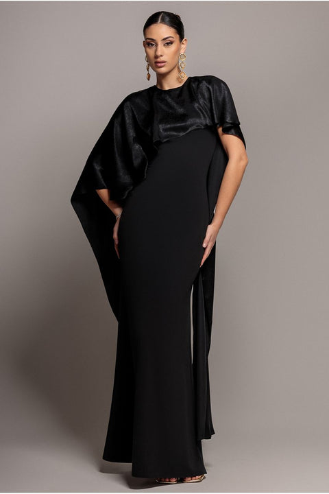 Goddiva Scoop Neck Soft Satin Cape Sleeve Maxi Dress - Black by Goddiva