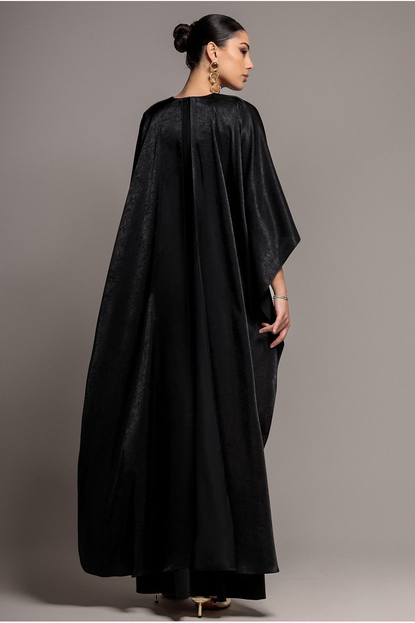 Goddiva Scoop Neck Soft Satin Cape Sleeve Maxi Dress - Black DR5074