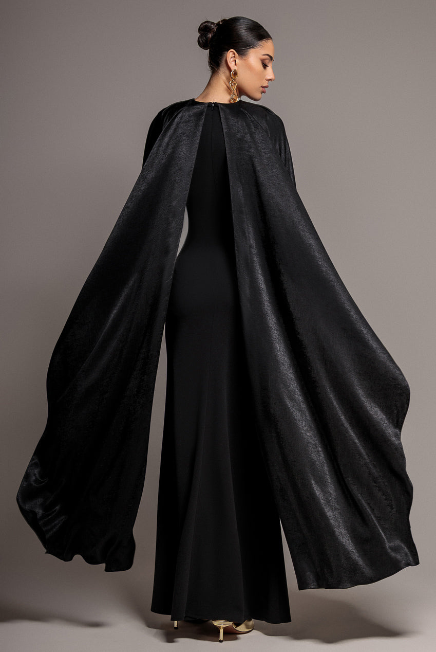 Goddiva Scoop Neck Velvet Satin Cape Sleeve Maxi Dress - Black DR5074