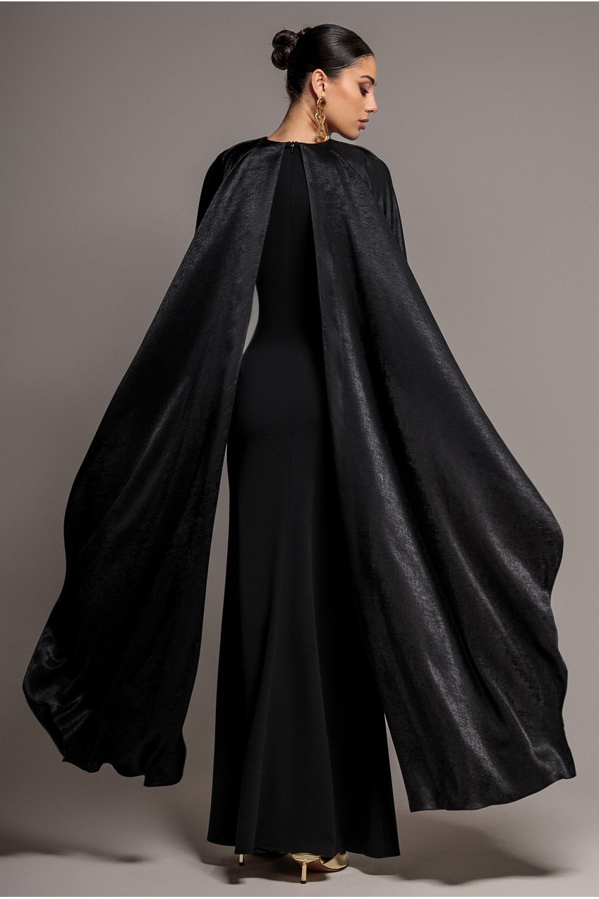Goddiva Scoop Neck Soft Satin Cape Sleeve Maxi Dress - Black DR5074