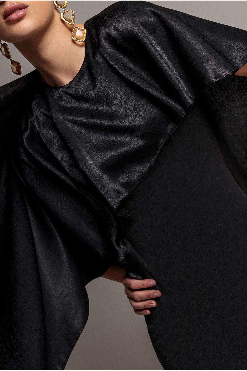 Goddiva Scoop Neck Soft Satin Cape Sleeve Maxi Dress - Black DR5074