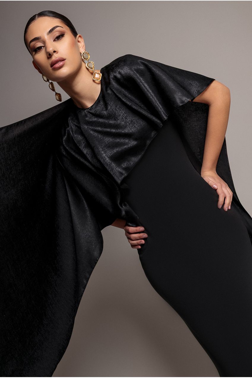 Goddiva Scoop Neck Soft Satin Cape Sleeve Maxi Dress - Black DR5074