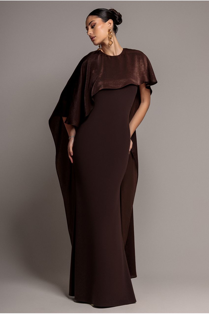 Goddiva Scoop Neck Soft Satin Cape Sleeve Maxi Dress - Brown DR5074