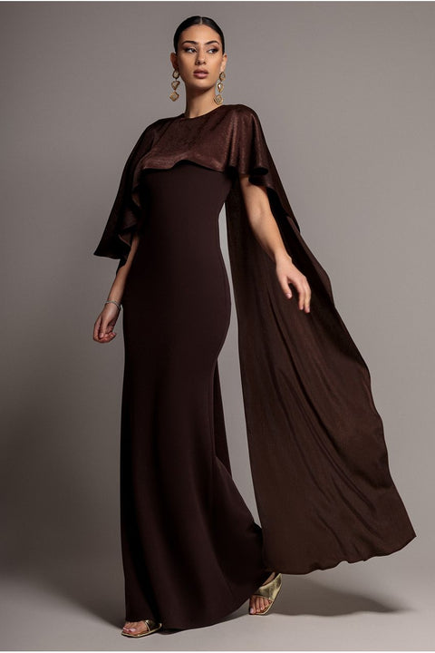 Goddiva Scoop Neck Soft Satin Cape Sleeve Maxi Dress - Brown by Goddiva