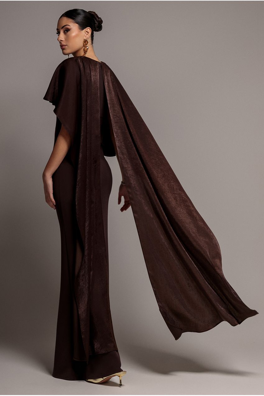 Goddiva Scoop Neck Soft Satin Cape Sleeve Maxi Dress - Brown DR5074