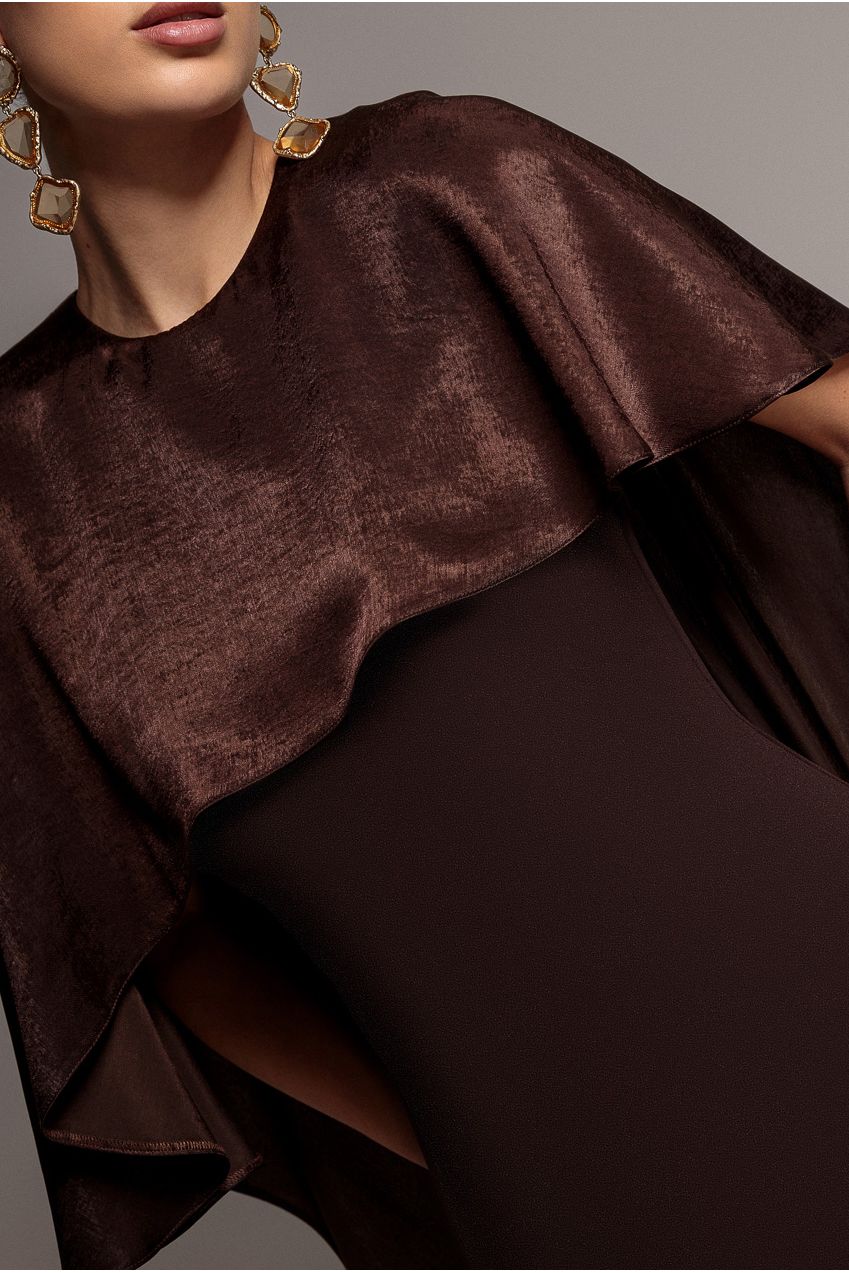 Goddiva Scoop Neck Soft Satin Cape Sleeve Maxi Dress - Brown DR5074