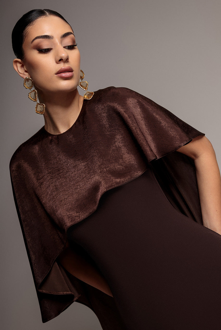 Scoop Neck Cape Sleeve Maxi Dress - Brown DR5074