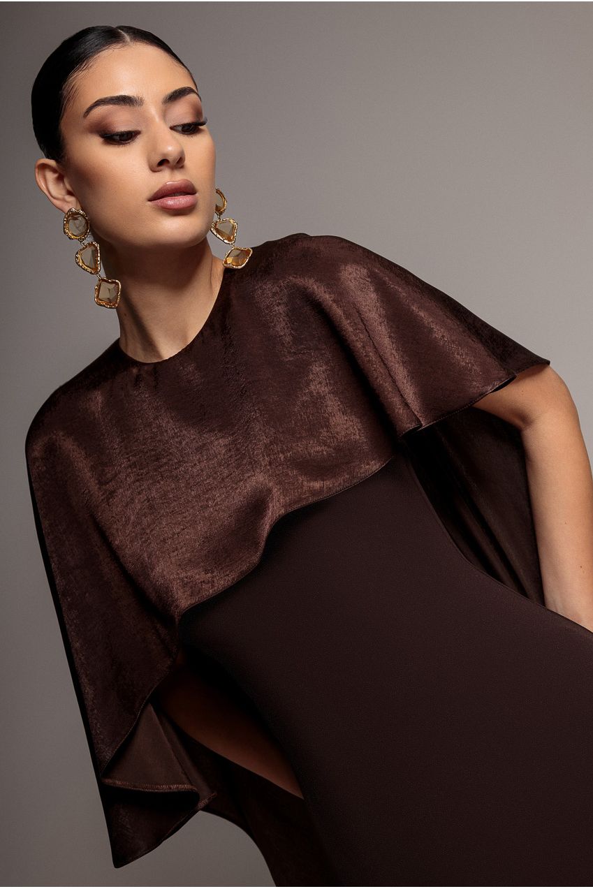 Goddiva Scoop Neck Soft Satin Cape Sleeve Maxi Dress - Brown DR5074
