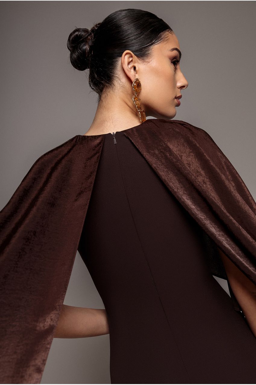 Goddiva Scoop Neck Soft Satin Cape Sleeve Maxi Dress - Brown DR5074