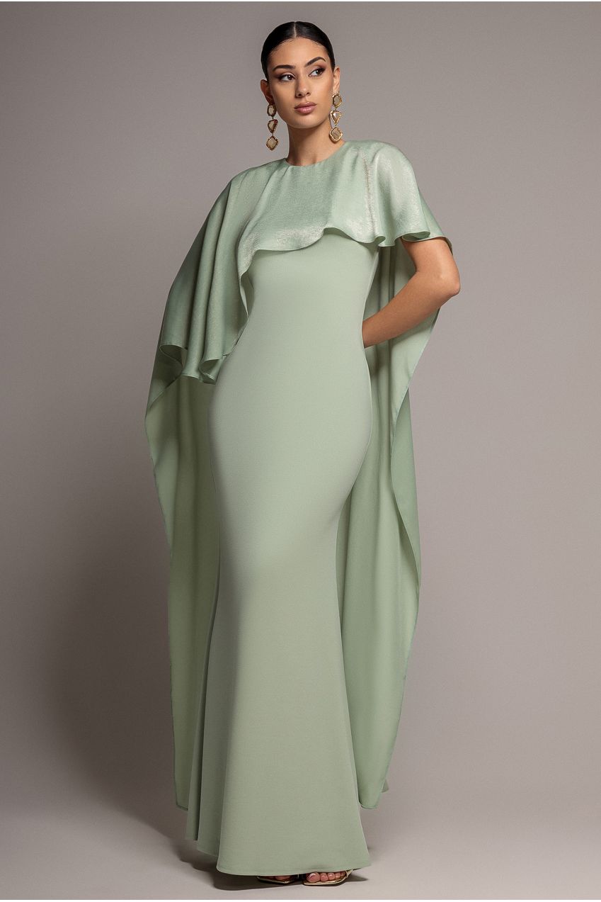 Goddiva Scoop Neck Soft Satin Cape Sleeve Maxi Dress - Sage Green DR5074