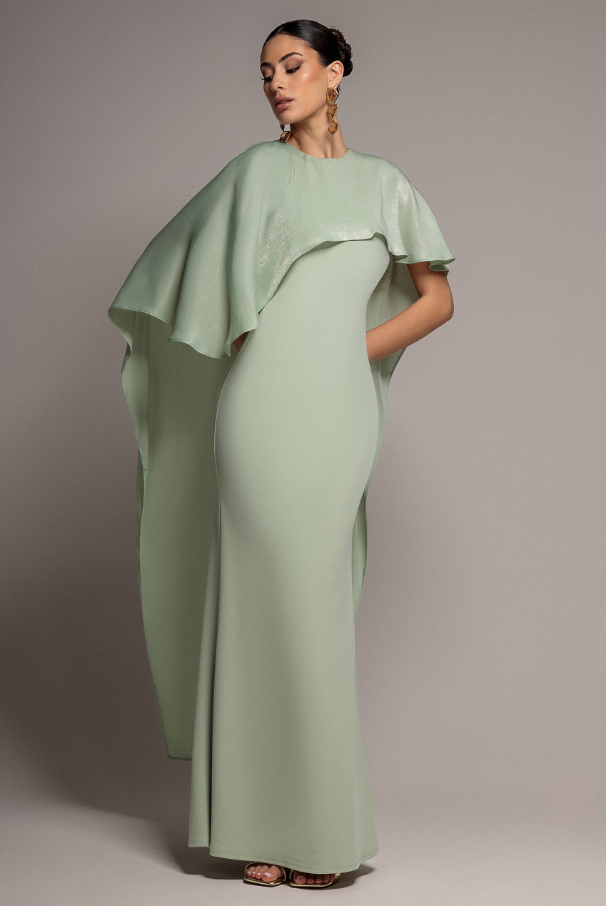 Goddiva Scoop Neck Velvet Satin Cape Sleeve Maxi Dress - Sage Green DR5074
