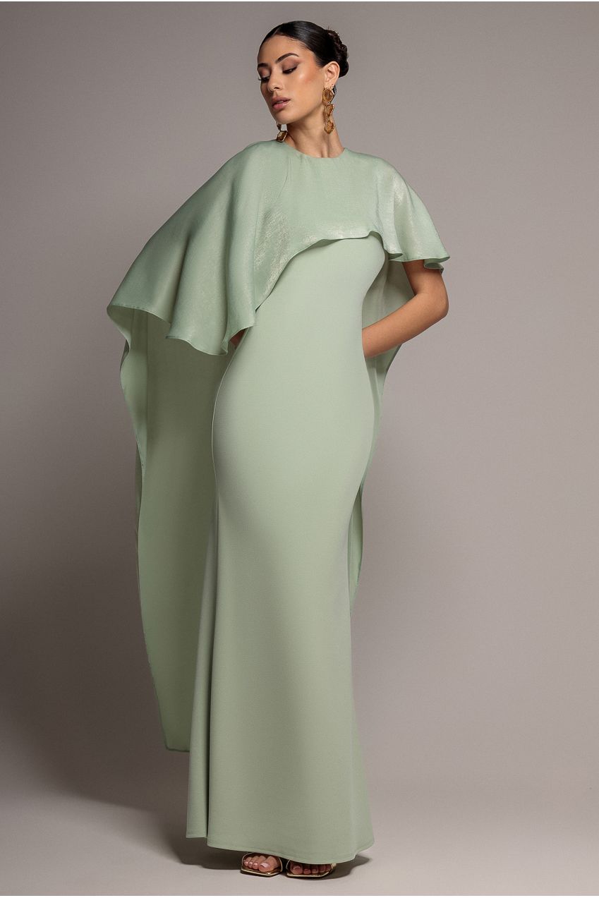 Goddiva Scoop Neck Soft Satin Cape Sleeve Maxi Dress - Sage Green DR5074