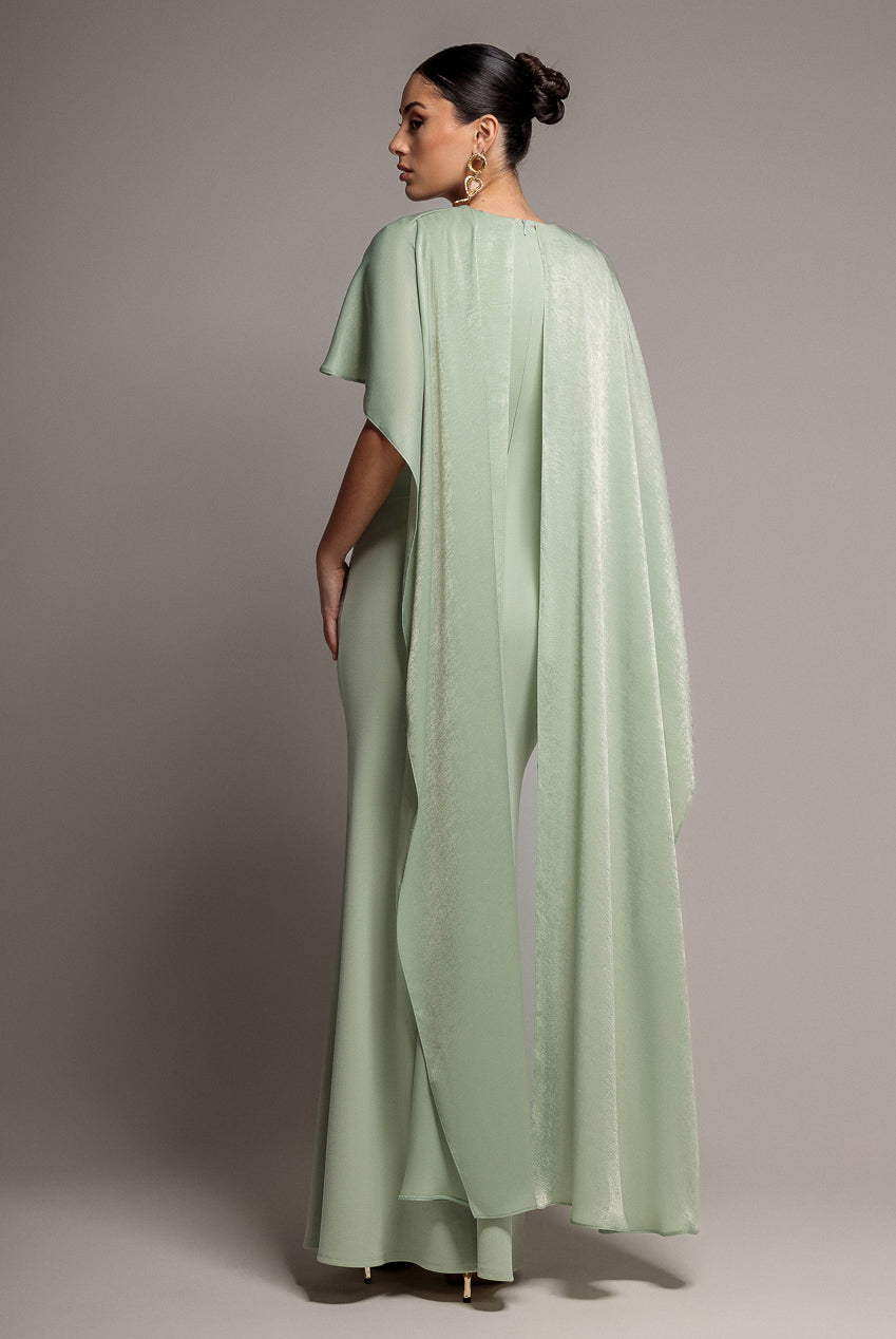 Goddiva Scoop Neck Velvet Satin Cape Sleeve Maxi Dress - Sage Green DR5074