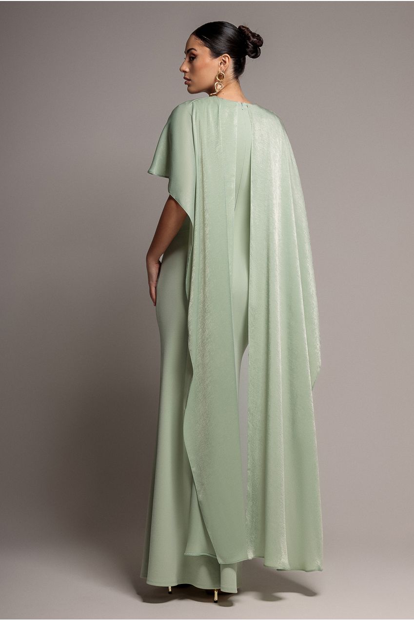 Goddiva Scoop Neck Soft Satin Cape Sleeve Maxi Dress - Sage Green DR5074