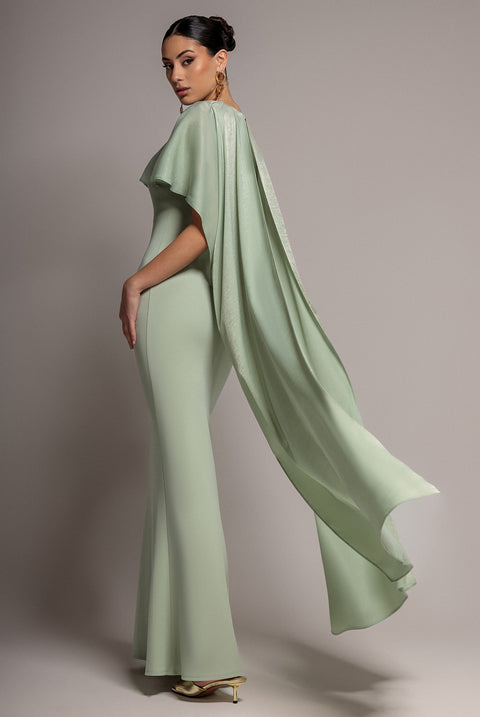 Goddiva Scoop Neck Velvet Satin Cape Sleeve Maxi Dress - Sage Green by Goddiva