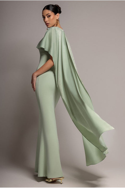Goddiva Scoop Neck Soft Satin Cape Sleeve Maxi Dress - Sage Green by Goddiva