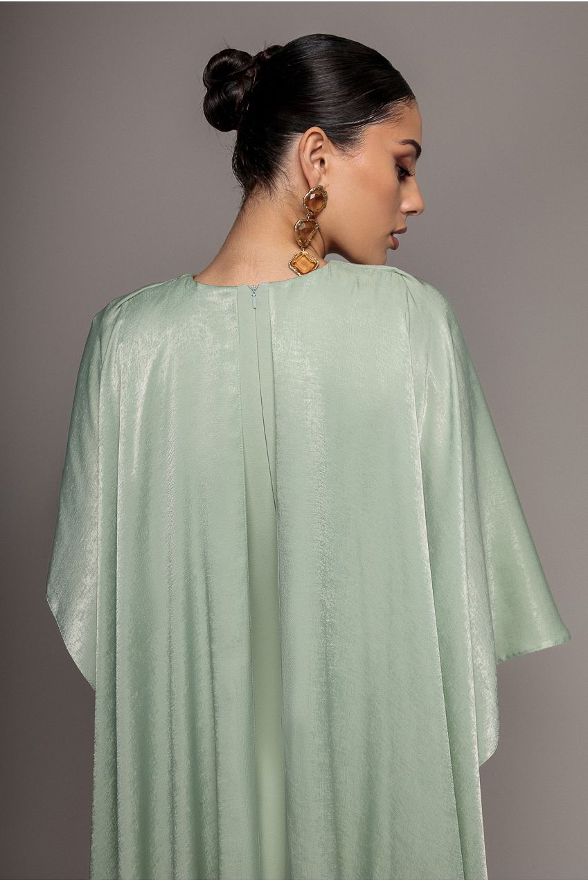 Goddiva Scoop Neck Soft Satin Cape Sleeve Maxi Dress - Sage Green DR5074