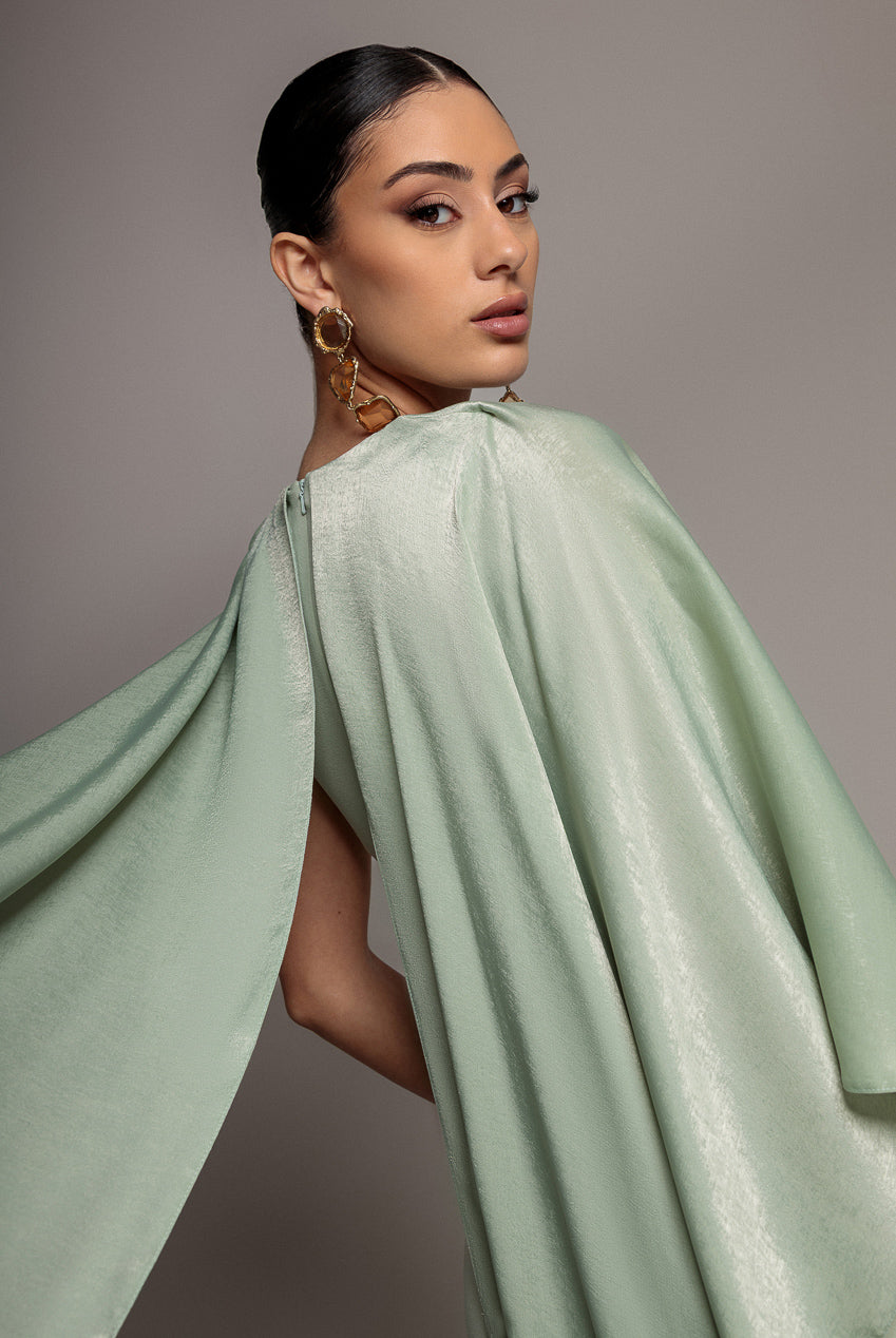 Goddiva Scoop Neck Velvet Satin Cape Sleeve Maxi Dress - Sage Green DR5074