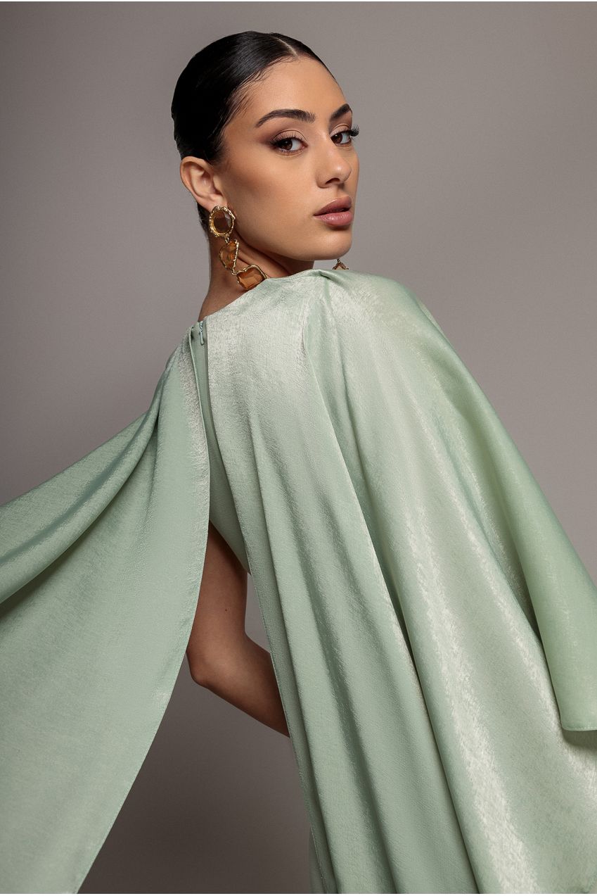 Goddiva Scoop Neck Soft Satin Cape Sleeve Maxi Dress - Sage Green DR5074