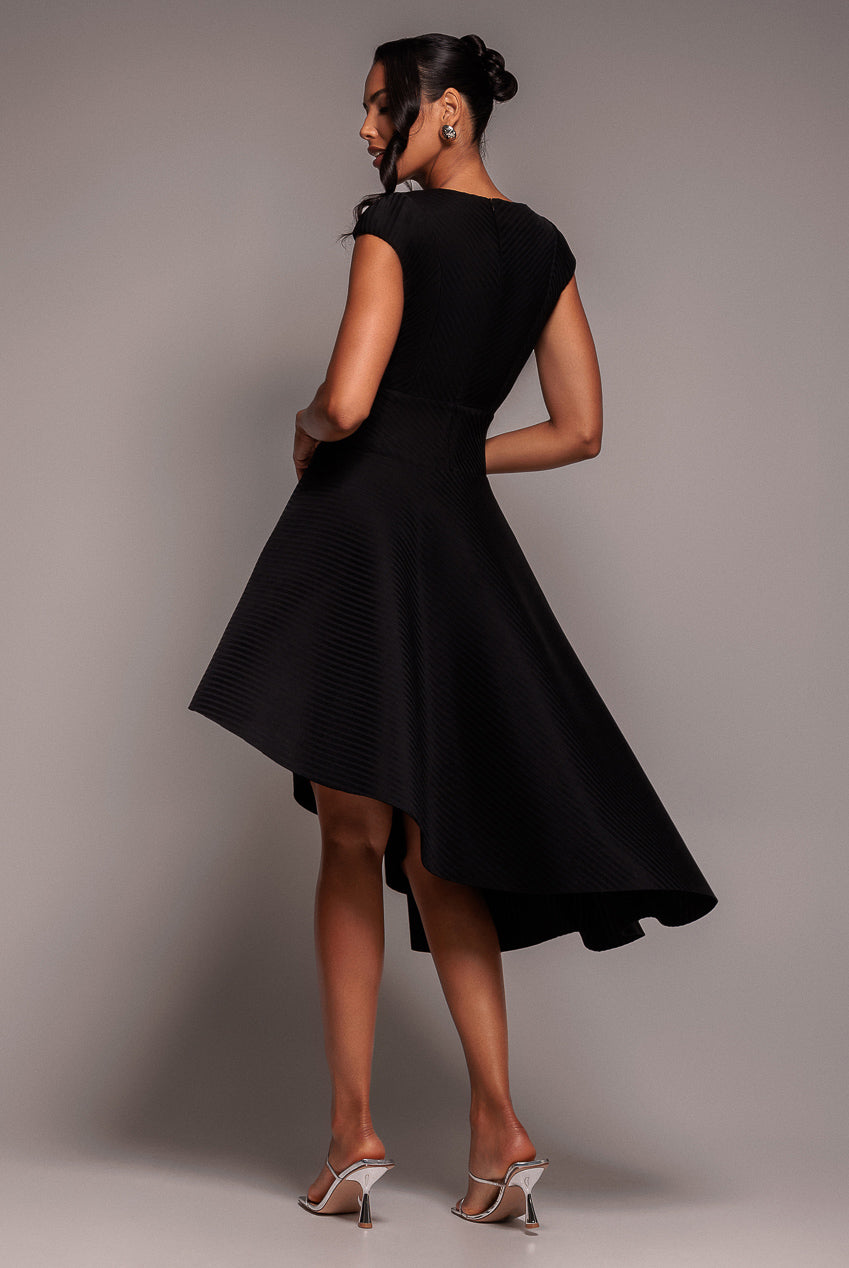 Cap Sleeve Textured Skater Asymmetric Midi Dress - Black DR5076