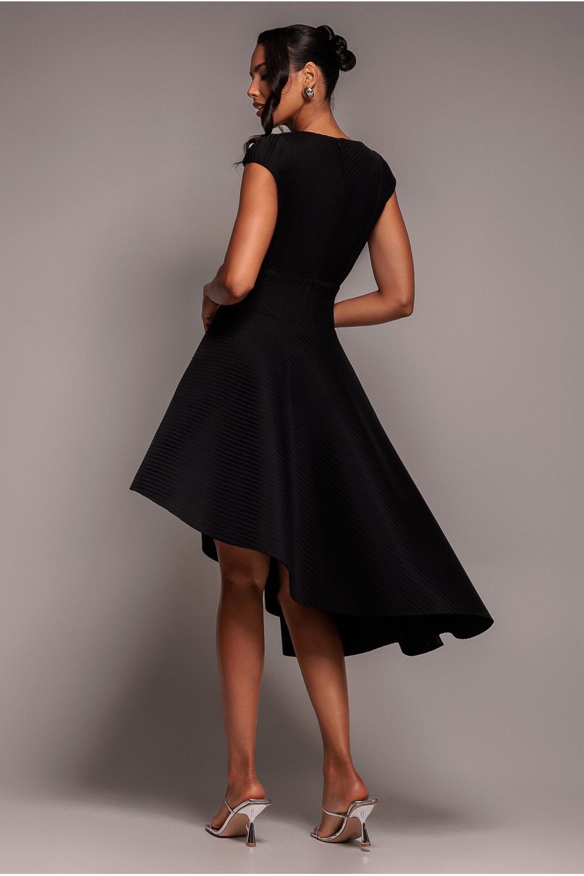 Cap Sleeve Textured Skater Asymmetric Midi Dress - Black DR5076