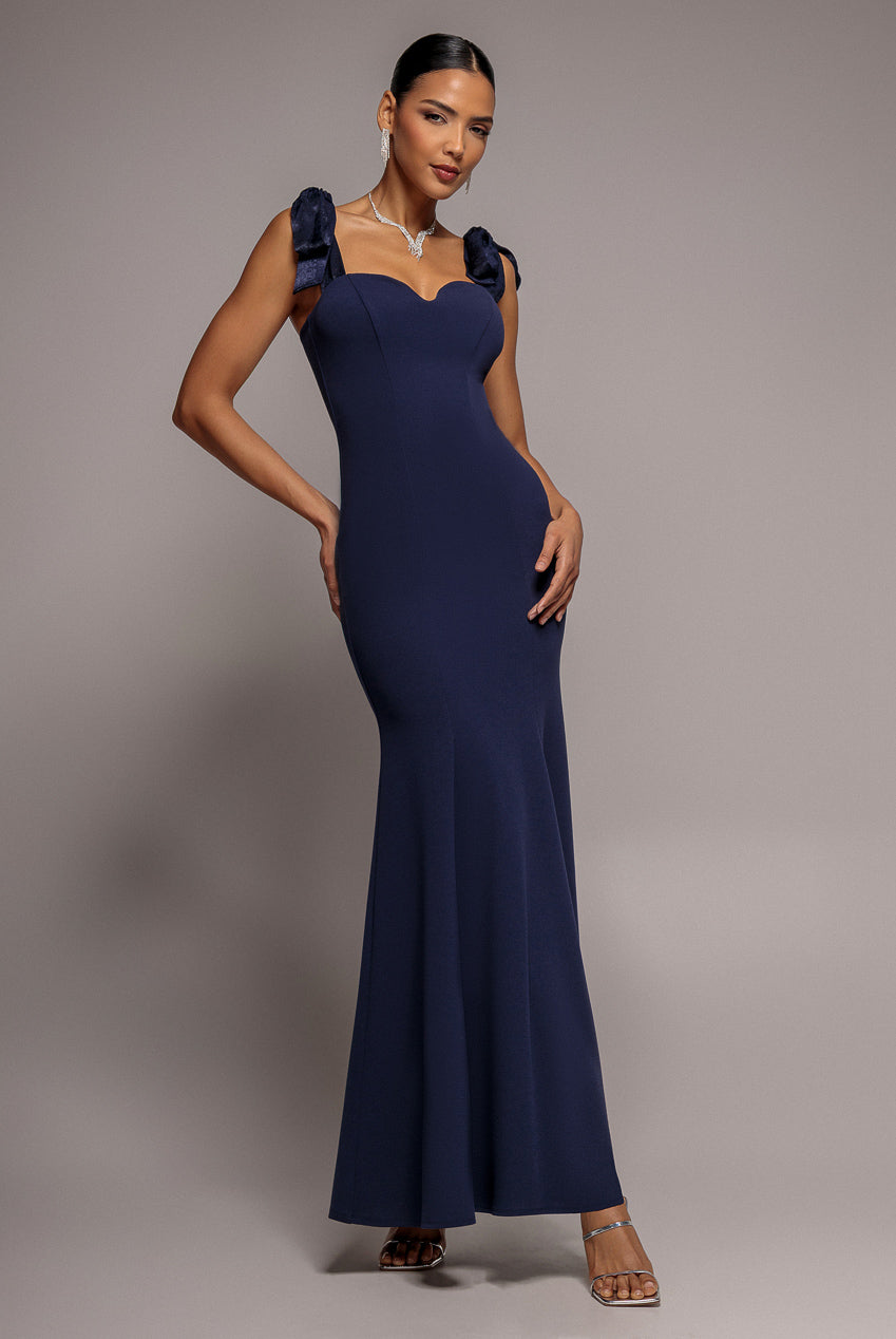 Multiway Bow Velvet Satin Sweetheart Maxi Dress - Navy Blue DR5078