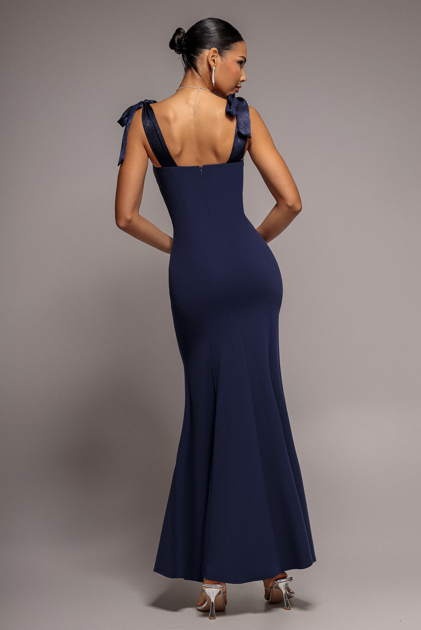 Multiway Bow Velvet Satin Sweetheart Maxi Dress - Navy Blue DR5078