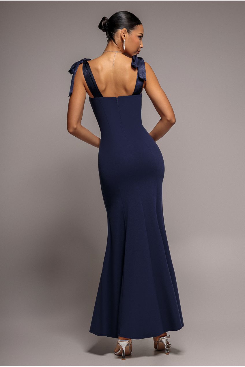 Multiway Bow Soft Satin Sweetheart Maxi Dress - Navy Blue DR5078