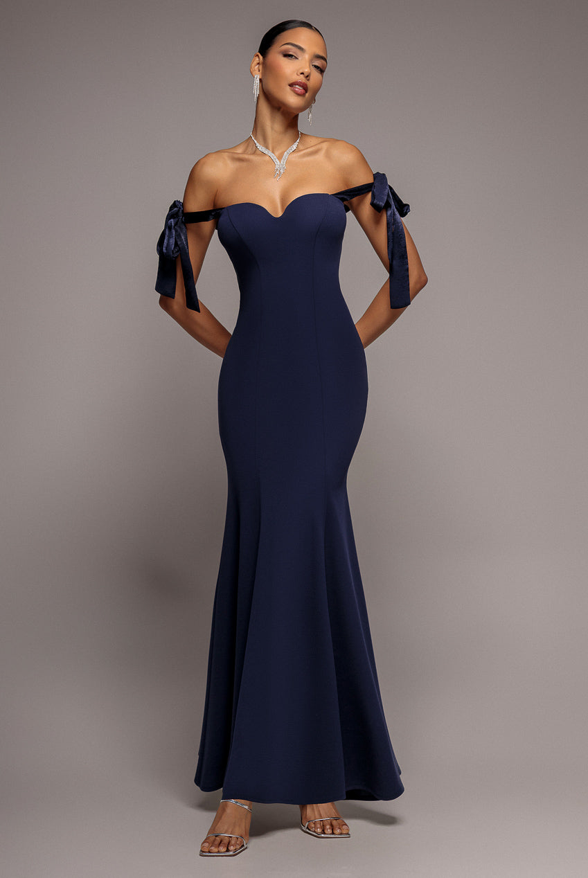 Multiway Bow Velvet Satin Sweetheart Maxi Dress - Navy Blue DR5078