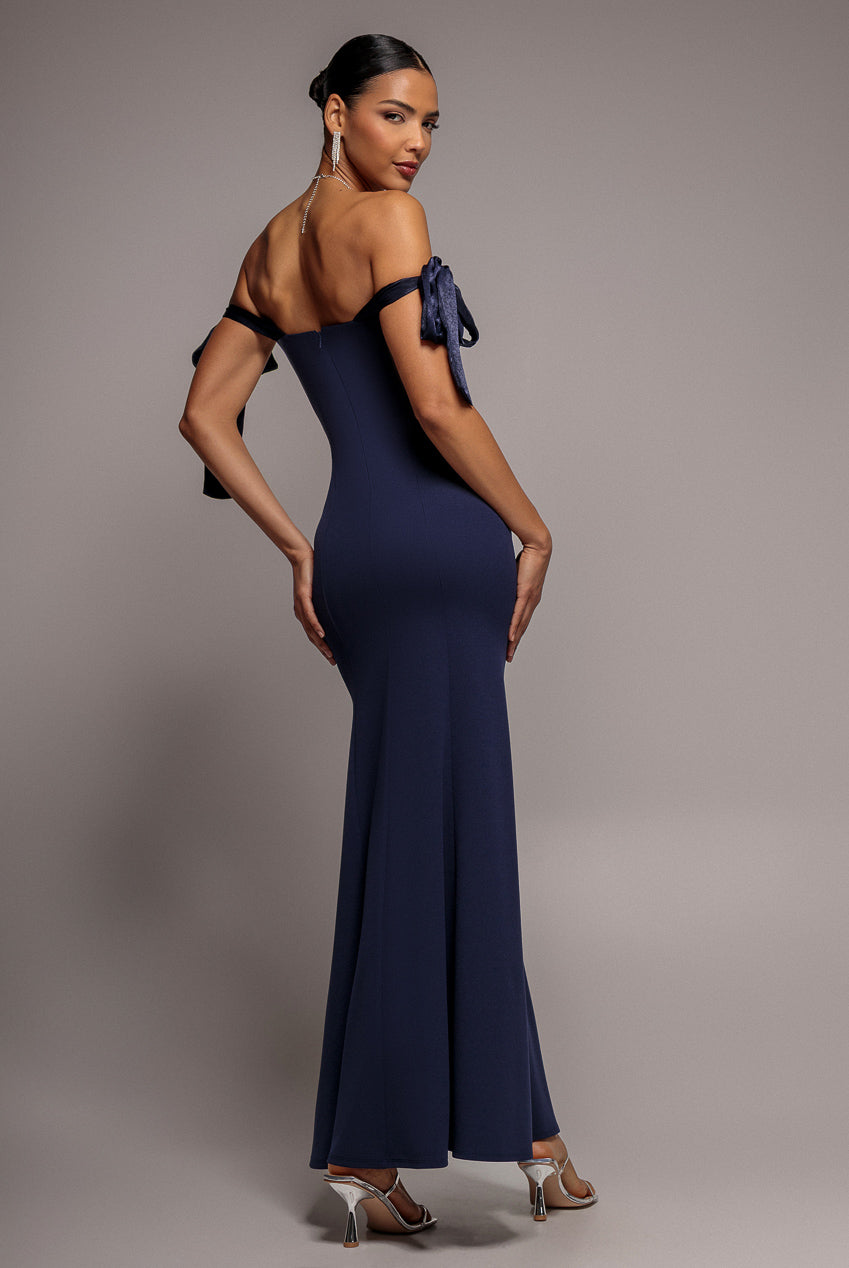 Multiway Bow Velvet Satin Sweetheart Maxi Dress - Navy Blue DR5078