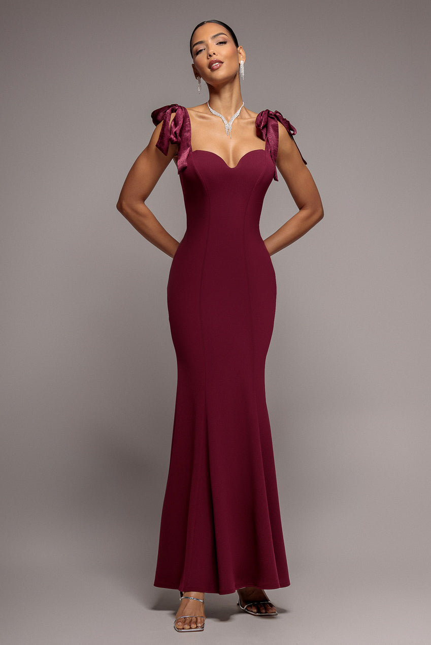 Multiway Bow Velvet Satin Sweetheart Maxi Dress - Burgundy DR5078
